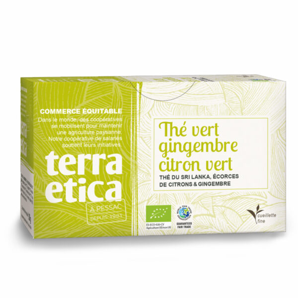 thé vert gingembre citron vert, conditionnement en boite contenant 20 sachets fraîcheur